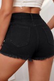 Black Casual Solid Ripped Patchwork High Waist Regular Denim Shorts