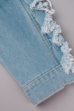 Hellblaue, lässige, solide Patchwork-Schnalle, fadenförmige Webkante, Umlegekragen, langärmlige, gerade Jeansjacke