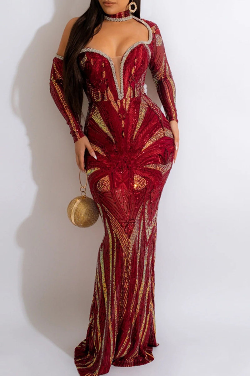 

Red Elegant Solid Hollowed Out Sequins Patchwork Half A Turtleneck Evening Dress Dresses