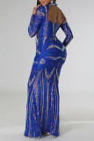 Blaues, elegantes, solides, ausgehöhltes Pailletten-Patchwork-Halbrollkragen-Abendkleid