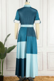 Lichtblauwe casual print patchwork gesp turndown kraag A-lijn jurken