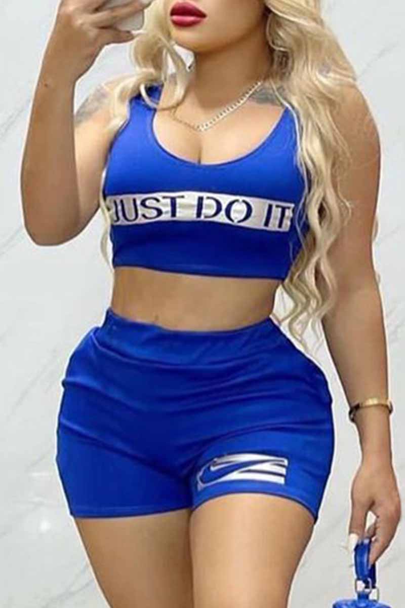 

Blue Casual Print Letter U Neck Sleeveless Two Pieces