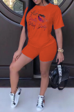 Oranje casual T-shirts met vintage print en letter O-hals