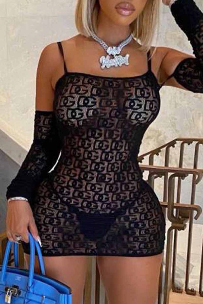 

Black Sexy Letter See-through Spaghetti Strap One Step Skirt Dresses