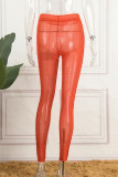 Red Sexy Solid See-through Skinny High Waist Pencil Solid Color Trousers