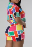 Многоцветный повседневный принт в стиле пэчворк Воротник рубашки с коротким рукавом Из двух частей