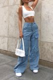 Blue Casual Solid Patchwork Mid Waist Loose Cargo Denim Jeans