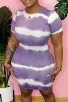 Lila Casual Print Tie-Dye O Neck Kurzarm Kleid Plus Size Kleider