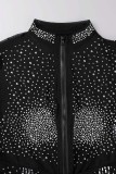 Black Sexy Patchwork Hot Drill Zipper Collar Long Sleeve Two Pieces