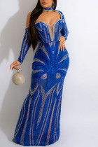 Azul elegante sólido ahuecado lentejuelas patchwork medio cuello alto vestido de noche Vestidos