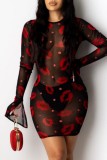 White Casual Lips Printed See-through O Neck Long Sleeve Dresses