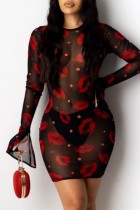 Black Casual Lips Printed See-through O Neck Long Sleeve Dresses