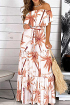 Oranje roze elegante print patchwork off-shoulder rechte jurken