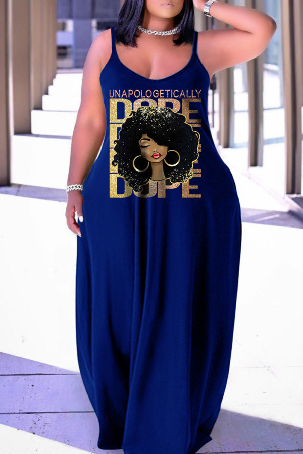 Falda de linterna con correa de espagueti con estampado informal azul oscuro Vestidos de talla grande