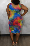 Jaune Sexy Casual Print Tie-dye U Neck Vest Dress Plus Size Robes