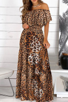 Leopardtryck Elegant Print Patchwork Off the Shoulder Raka klänningar