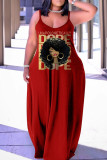 赤カジュアル プリント パッチワーク スパゲッティ ストラップ ランタン スカート プラス サイズのドレス