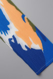 Estampa elegante azul lago patchwork dobrada decote em O manga comprida duas peças