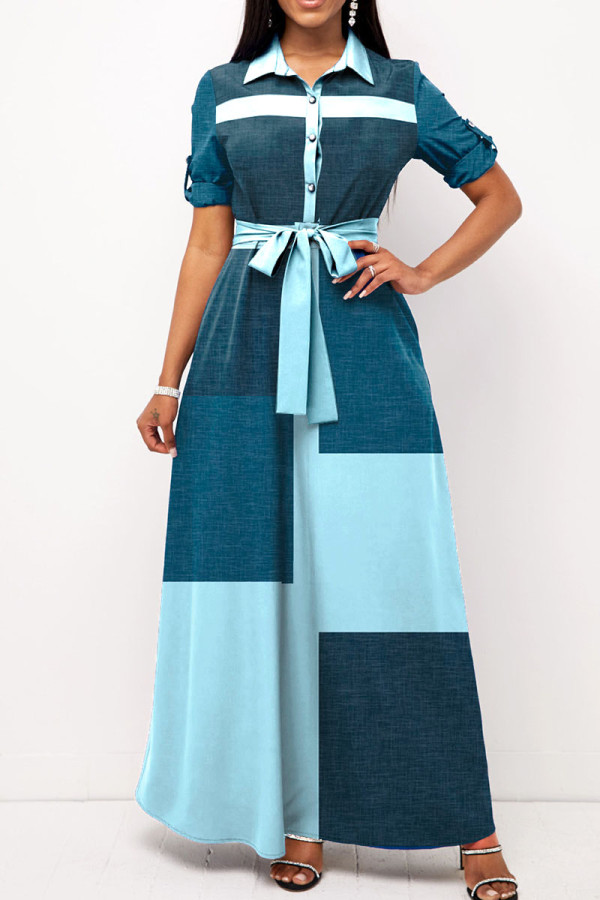 Голубые повседневные платья трапециевидной формы с отложным воротником и пряжкой в ​​стиле пэчворк