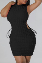 黒のセクシーなソリッドバンデージくり抜かれたパッチワークOネックペンシルスカートドレス