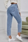 Jeans jeans liso casual cintura alta rasgado azul