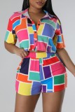 Colletto camicia patchwork stampa casual multicolore manica corta due pezzi
