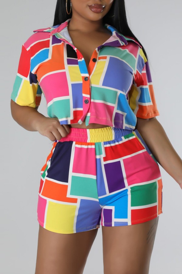 Цветной повседневный принт в стиле пэчворк Воротник рубашки с коротким рукавом Из двух частей