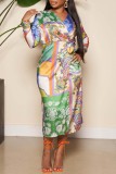 Vestidos de manga longa com estampa casual multicolorida com decote em V