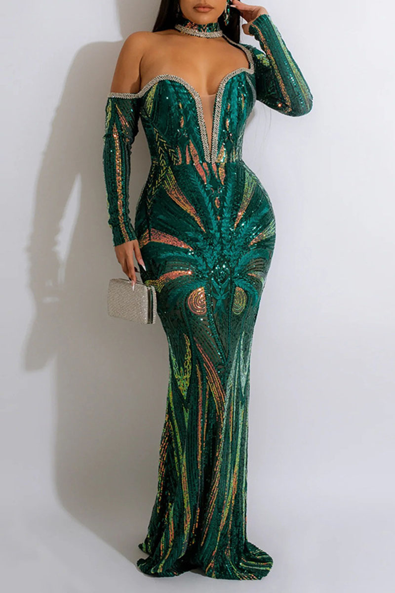 

Green Elegant Solid Hollowed Out Sequins Patchwork Half A Turtleneck Evening Dress Dresses