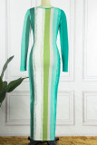Cyan Green Sexy Striped Print Patchwork U Neck One Step Jupe Robes