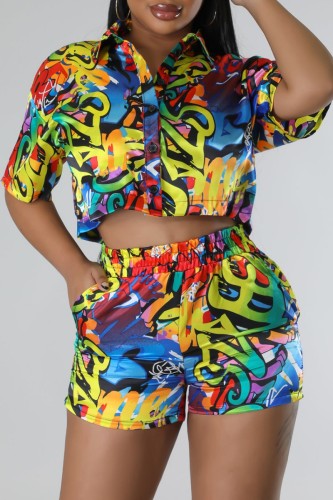 Multicolor Casual Print Patchwork Shirt Collar Short Sleeve Two Pieces