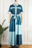 Azul claro Estampado informal Patchwork Hebilla Turndown Collar Una línea de vestidos