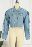 Light Blue Casual Street Solid Patchwork Buckle Stringy Selvedge Turndown Collar Long Sleeve Straight Denim Jacket