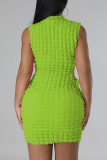 Fluorescent Green Sexy Solid Bandage Hollowed Out Patchwork O Neck Pencil Skirt Dresses