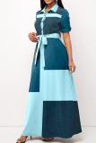 Lichtblauwe casual print patchwork gesp turndown kraag A-lijn jurken