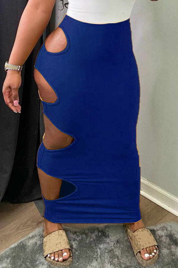 Falda azul sexy casual sólida ahuecada alta Qaist