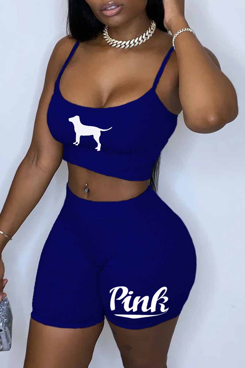 

Royal Blue Casual Street Print Letter Spaghetti Strap Sleeveless Two Pieces