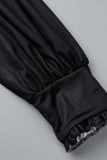 Vestidos de falda de un paso con cuello en O de patchwork con estampado casual negro