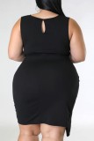 Черное повседневное сплошное лоскутное платье с круглым вырезом без рукавов Платья больших размеров