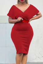 Rotes beiläufiges elegantes festes Patchwork mit Bleistift-Rock-Kleidern mit V-Ausschnitt und Gürtel