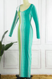 Cyaan groene sexy gestreepte print patchwork U-hals een stap rok jurken