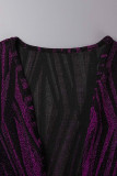 Púrpura sexy patchwork seda brillante cuello pico lápiz falda vestidos
