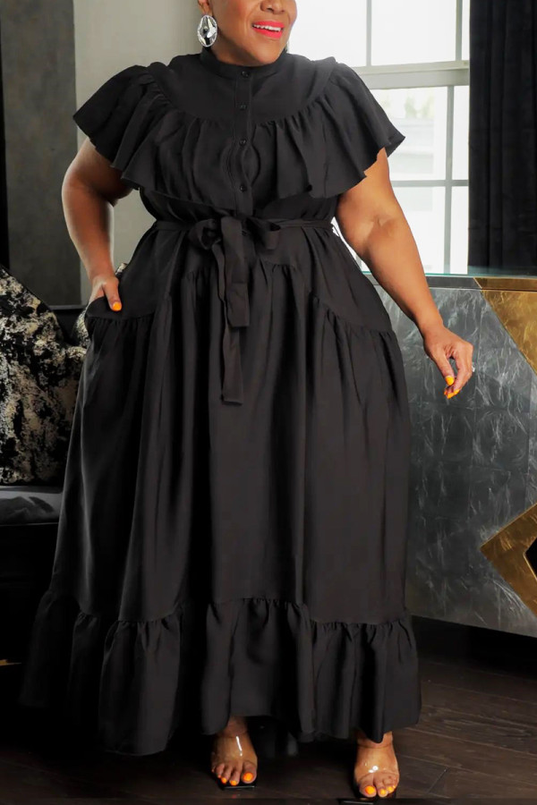 Черное повседневное однотонное платье-рубашка с воротником-стойкой с воланами больших размеров