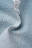 Faldas de mezclilla flacas de cintura alta de patchwork rasgado sólido informal azul