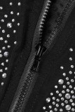 Nero Sexy Patchwork Hot Drill Zipper Collar Manica lunga Due pezzi