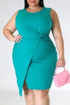 Green Casual Solid Patchwork O Neck Sleeveless Dress Plus Size Dresses