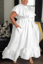 Белое Плюс размер Повседневное однотонное платье-рубашка с воланами и воротником-стойкой