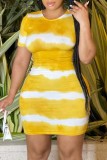 Gele casual print tie-dye O-hals jurk met korte mouwen Grote maten jurken