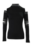 Black Casual Patchwork Hot Drilling Hollowed Out Half A Turtleneck Tops