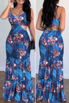 Blue Sexy Print Hollowed Out Patchwork Spaghetti Strap One Step Skirt Dresses